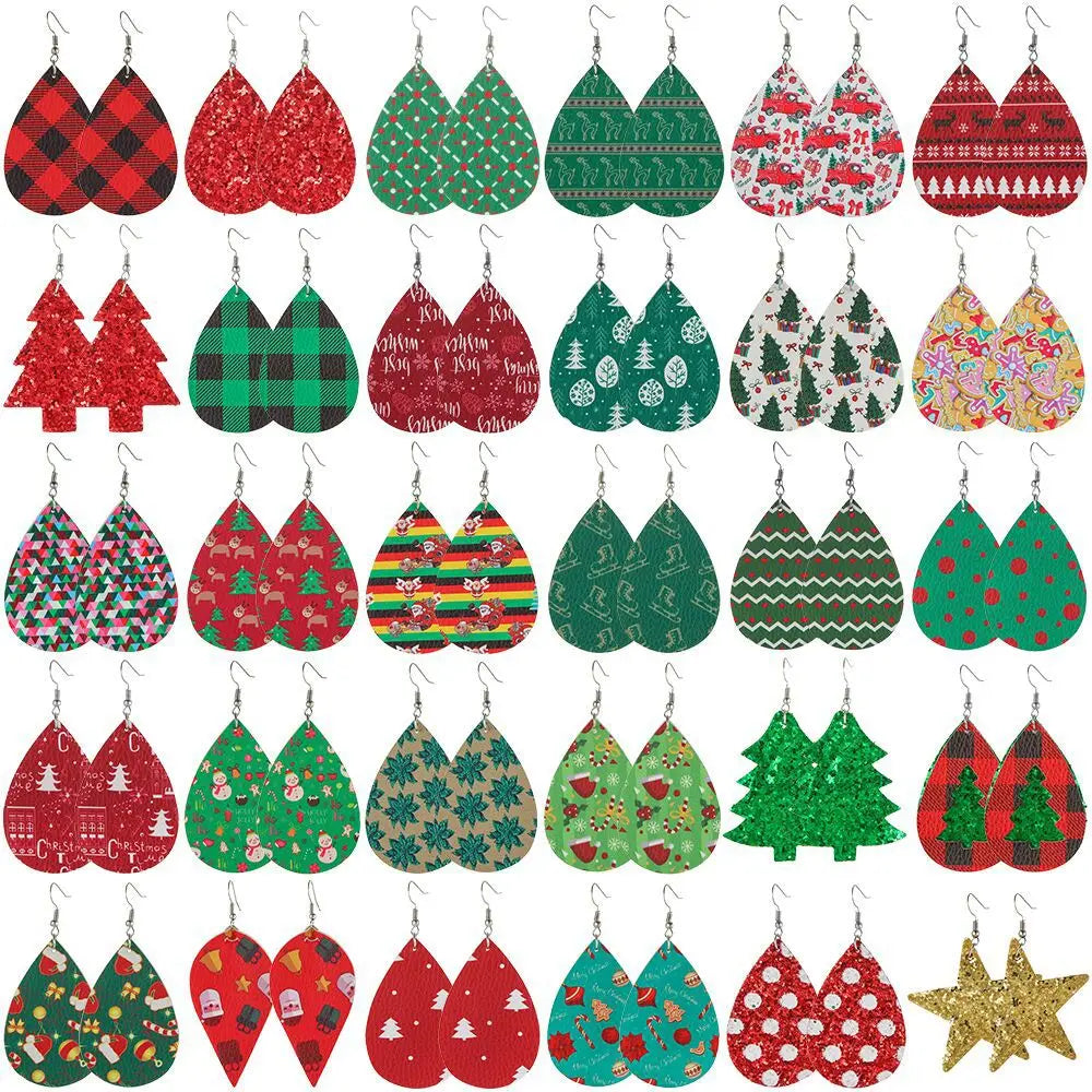 Hot Sale 2022 Double Sided Women Faux Leather Merry Christmas Earrings