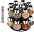 Herb and Spice Rack Kitchen Revolving Carousel Set Includes 12 Filled Spice Jar Glass Bottles Seasoning Jars Set