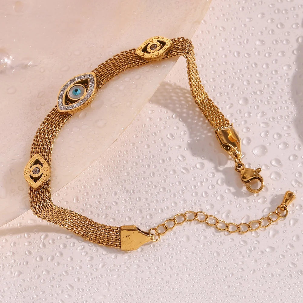 Crystal Rhinestone Evil Eye Jewelry Gold Plated Chain Bracelet Stainless Steel Waterproof Jewelry