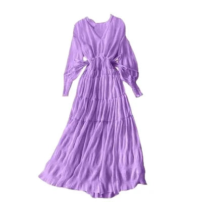 V-neck Chiffon Dress New Seaside Holiday Dessert Large Swing Long Skirt Thailand Travel Bali Beach Skirt Women
