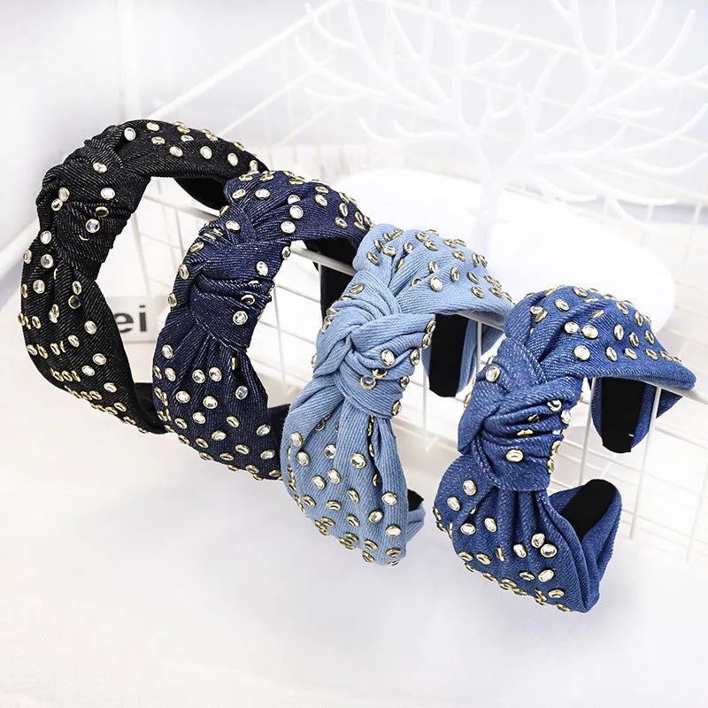 HOVANCI Casual 7cm Wide Denim Hair Bands White Diamond Fabric Hair Hoop Cross Knot Jean Headbands for Headwear Accessories