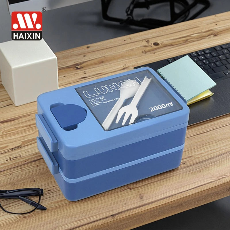 Haixin 2000ml Plastic 2 Layer Tiffin Bento Lunch Box Food Storage Containers Lunch Box with Sauce Cup and Cutlery for Dining Out