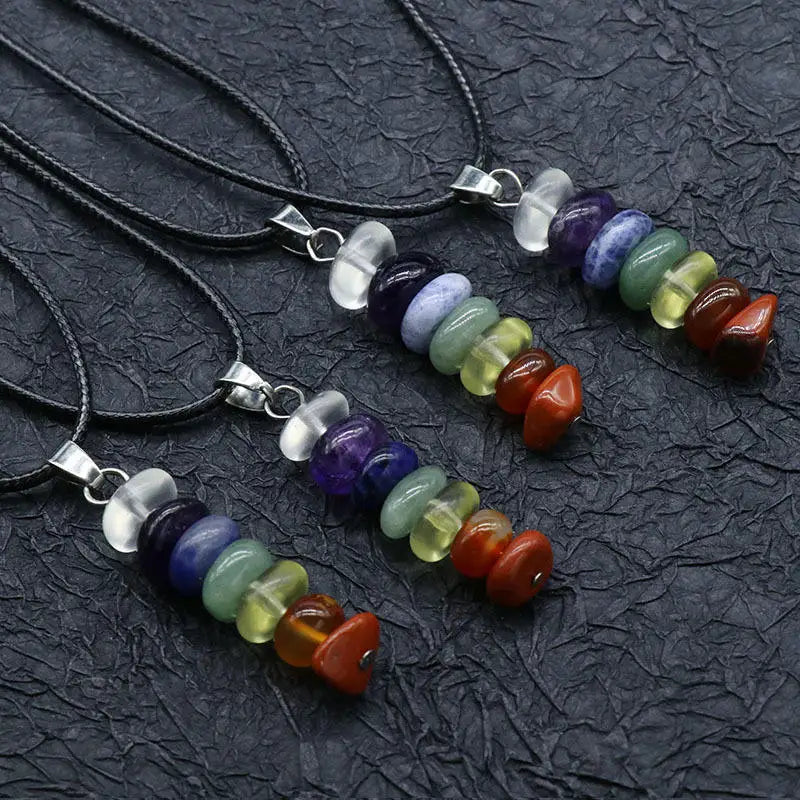 Raw 7 Chakra Gemstone Pendant Necklace 18" Black Cord Leather Natural Tumbled Quartz Crystal Stone Choker for Women Girl Men
