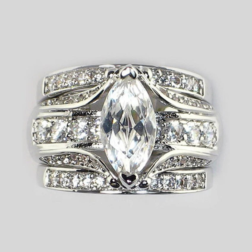 CAOSHI New Design Marquise Cut Crysta Cubic Zirconia Wedding 3Pcs Sets Rings for Bride Engagement Silver Plated CZ Rings Women