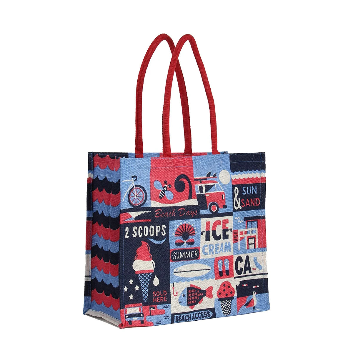 Heavy Duty Jute Shopping Bag Reusable Grocery & Beach Tote with Colorful Letter Print Cotton Rope Handle