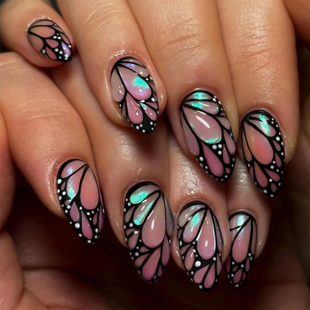 24 Pcs 3D Butterfly Color-Changing Pearl Powder Gradient Press on Nails Artificial Fingernails Customize False Nails 3506