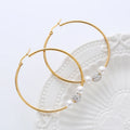 Simple 18k Gold Plated Big Pearl Diamond Crystal Hoop Earrings Stainless Steel