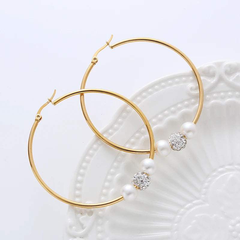 Simple 18k Gold Plated Big Pearl Diamond Crystal Hoop Earrings Stainless Steel