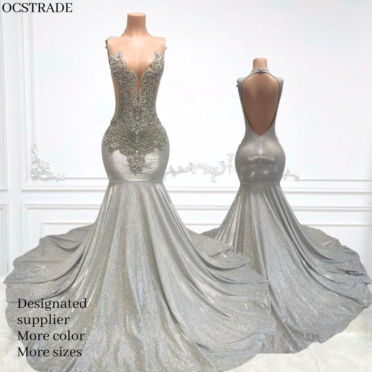 Ocstrade Handmade Custom Silver Rhinestone Birthday Dress for Ladies Beaded Backless Chic Evening Long Gown Dress Elegant 2025