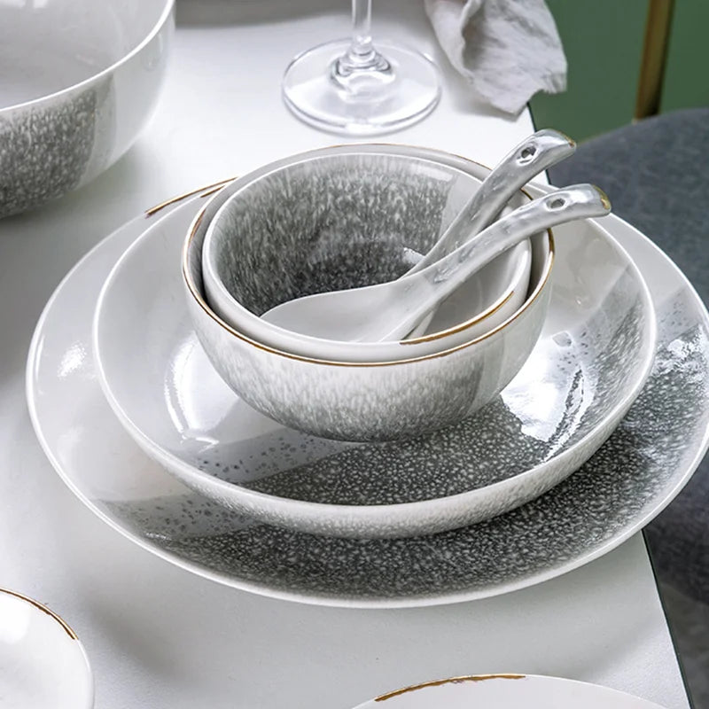 Popular American Style Luxury Gray White 6 Person Ceramic Dinnerware