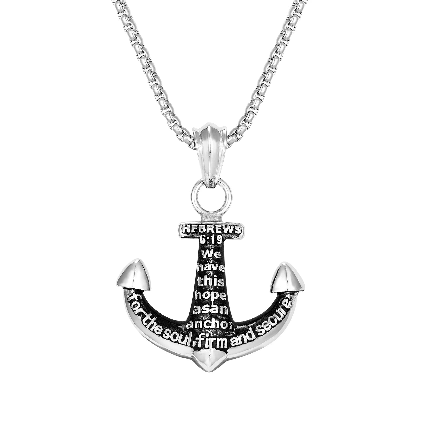 Wholesale Man Necklace Jewelry Silver Stainless Steel Hebrew Anchor Pendant Box Chain Necklace for Men