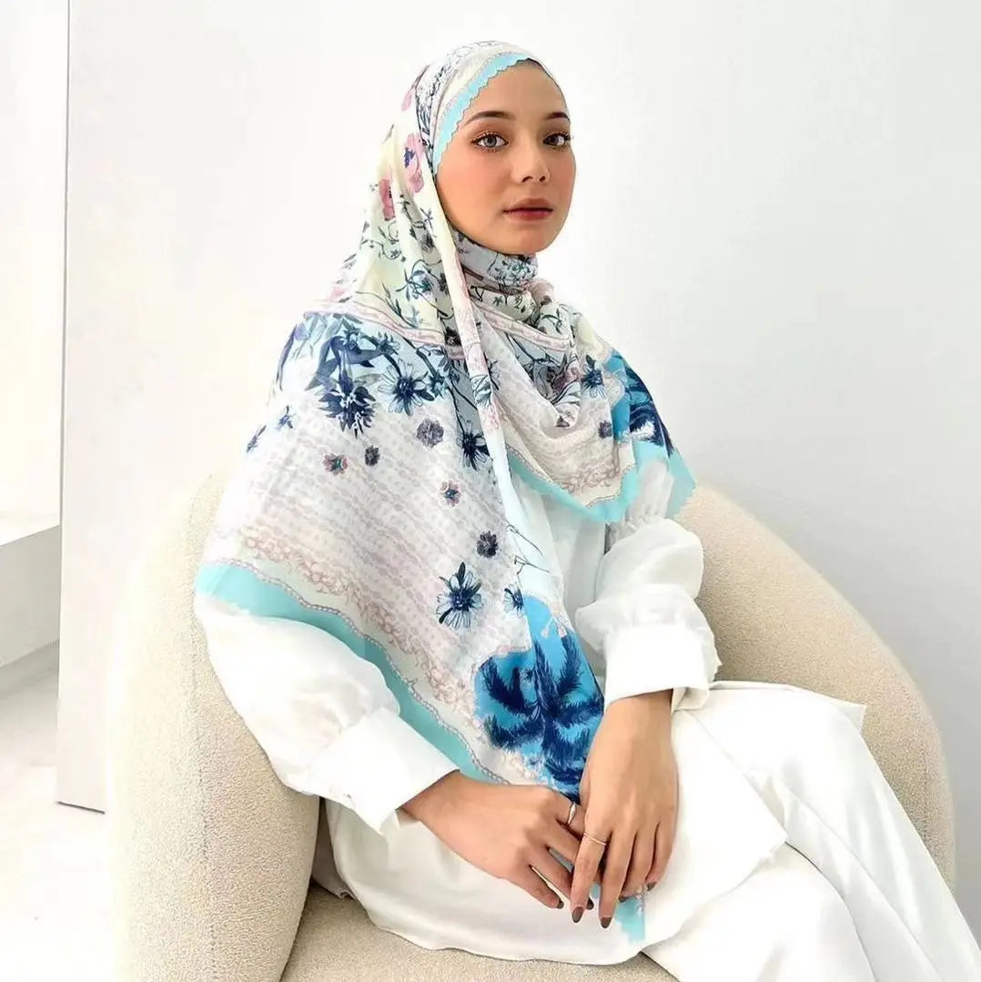 Custom Digital Print Cotton Voile Printed Scarf Laser Cutting Edge Hijab Indonesia Muslim Women Tudung Tudung