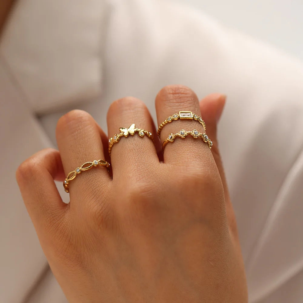 Unique Gold Plated Round Zircon Ring Stainless Steel Cz Diamond Open Ring for Women