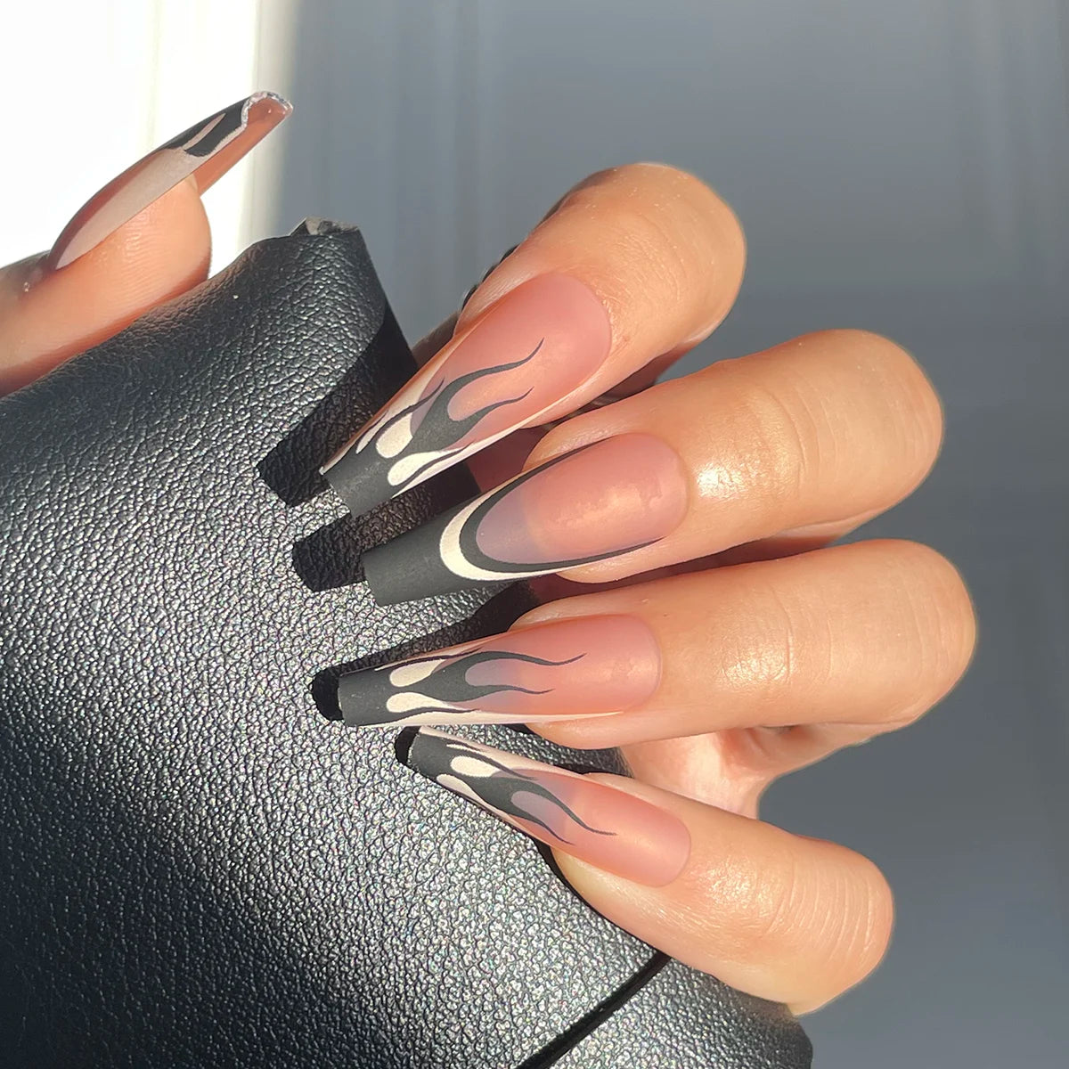 European French Style Black Fire Long Ballerina Women's Press-On Artificial Fingernails