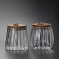 Transparent Striped Glass Storage Jar Bamboo Metal Pull Ring Wood Sealed Lid for Tea Multi-Grain Kitchen Organizer Food Safe