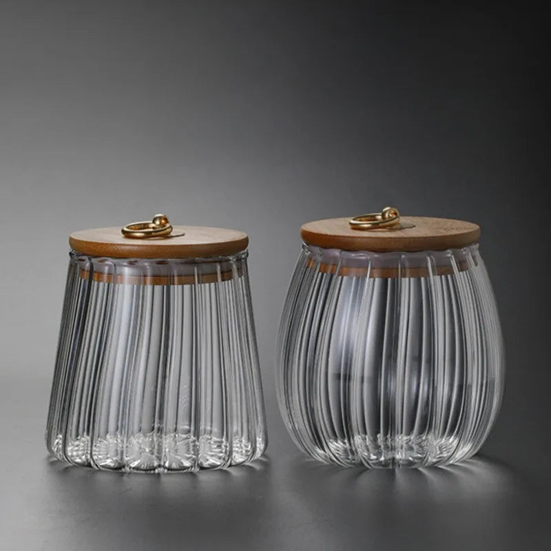 Transparent Striped Glass Storage Jar Bamboo Metal Pull Ring Wood Sealed Lid for Tea Multi-Grain Kitchen Organizer Food Safe