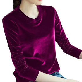 RNSHANGER Solid Color Velvet Wome T Shirts Autumn O-Neck Long Sleeve Pullover Tee Top Streetwear Plus Size Warm Ladies T-shirts