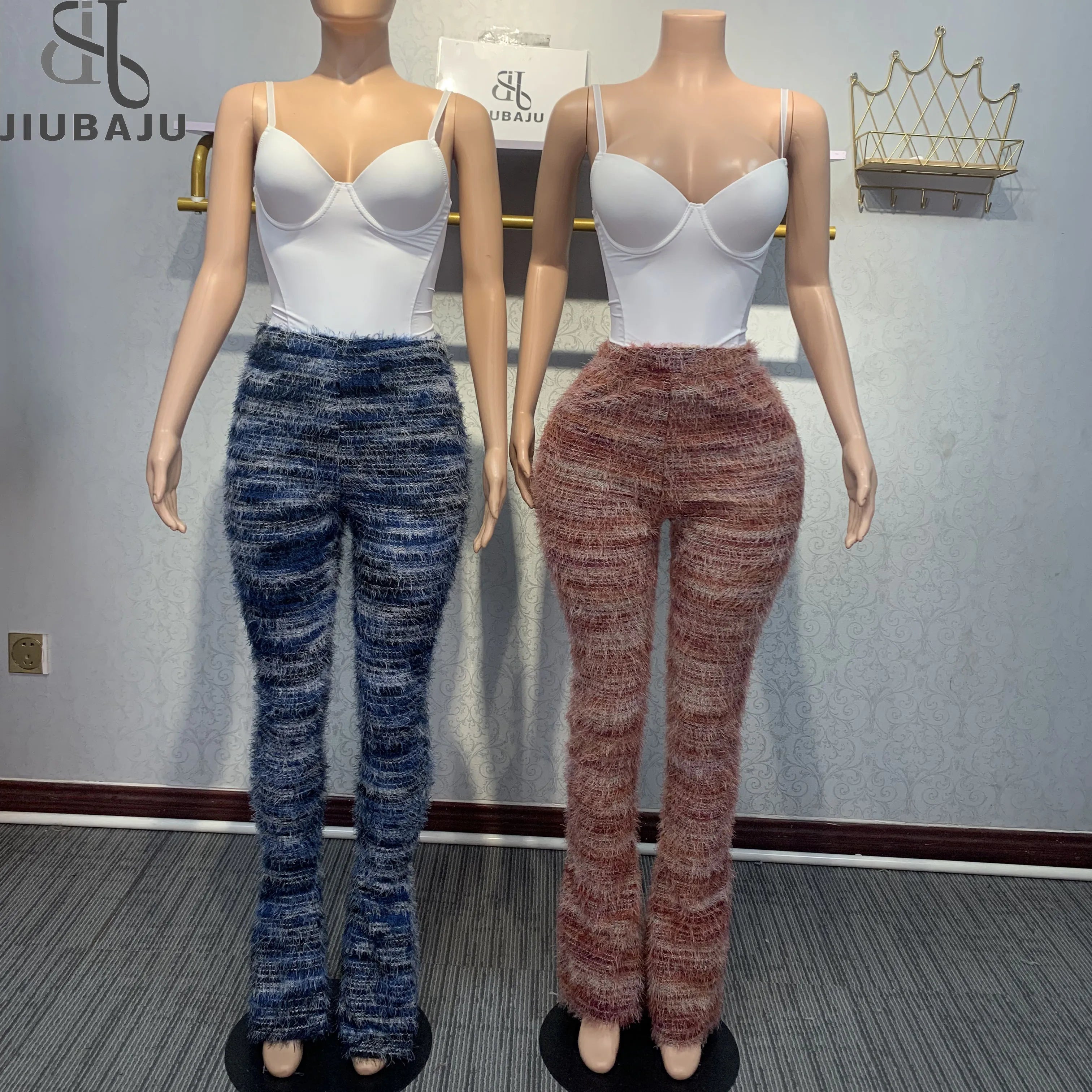 2024 Ins Hot Style Fashion Women 2 Piece Set Bodycon White Body Shaper + Furry High Waist Pile up Pants Lady Sets