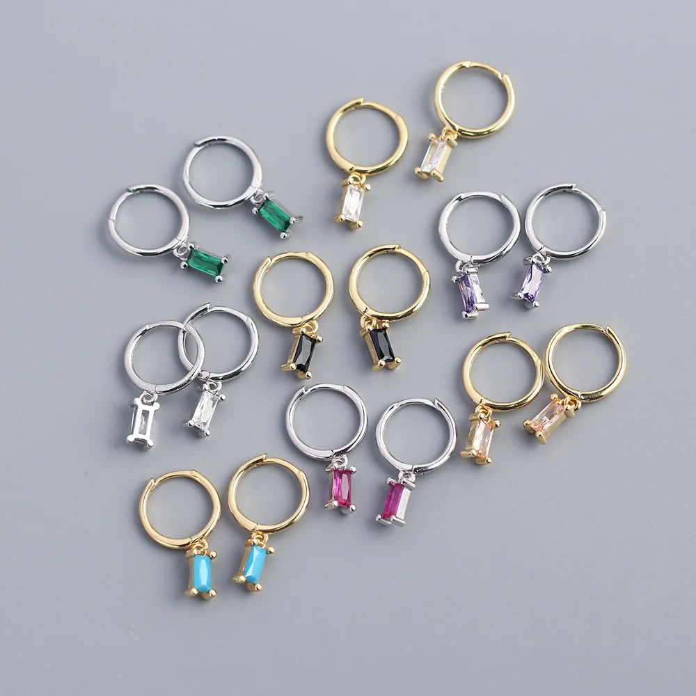 Dainty 925 Sterling Silver Rectangle Diamond Huggie Hoop Gold Plated Mini Hoop Dangle Charm Cz Cubic Zirconia Earrings YF3008