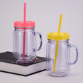 Wholesale Double-Layer Plastic Transparent Mason Bottle for Home & Office Daily Casual Cup with Straw Rooster Cup with Handle
