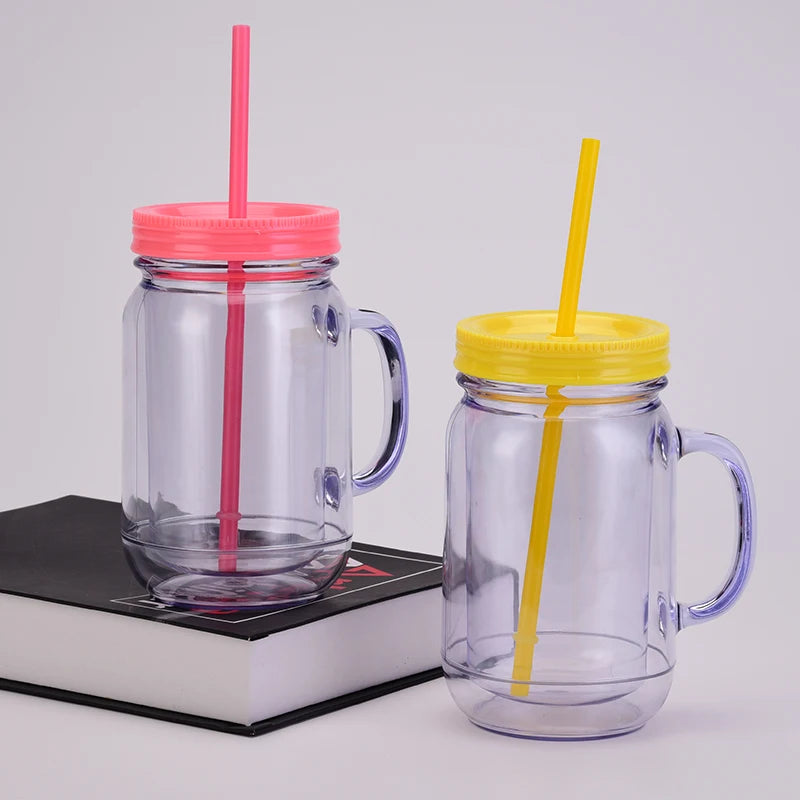 Wholesale Double-Layer Plastic Transparent Mason Bottle for Home & Office Daily Casual Cup with Straw Rooster Cup with Handle
