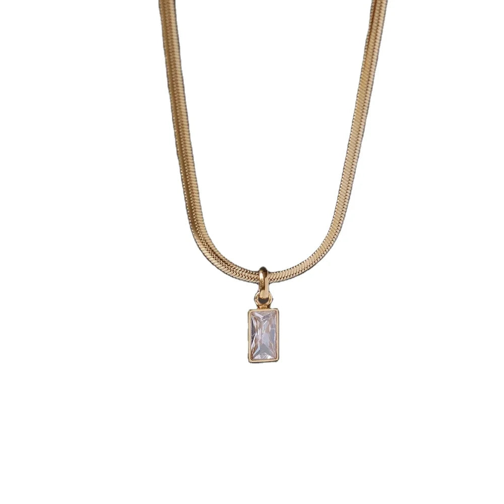 Custom Birthday Stone Thin Soft Snake Chain Stainless Steel Gold Herringbone Necklace with Zircon