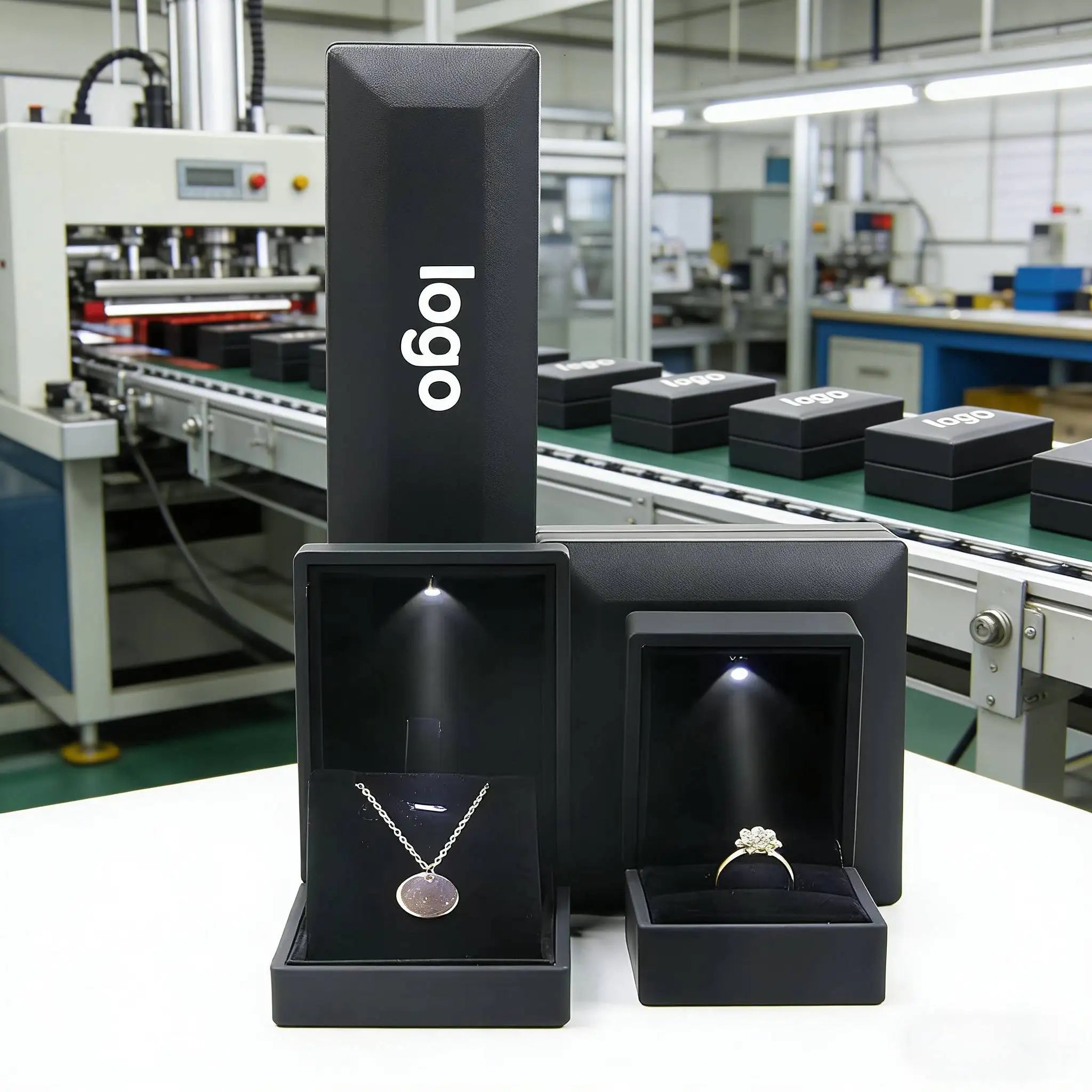 Custom Logo Luxury Black Plastic Set LED Light Necklace Ring Jewelry Jewellery Packaging Box With Light up for Wholesale