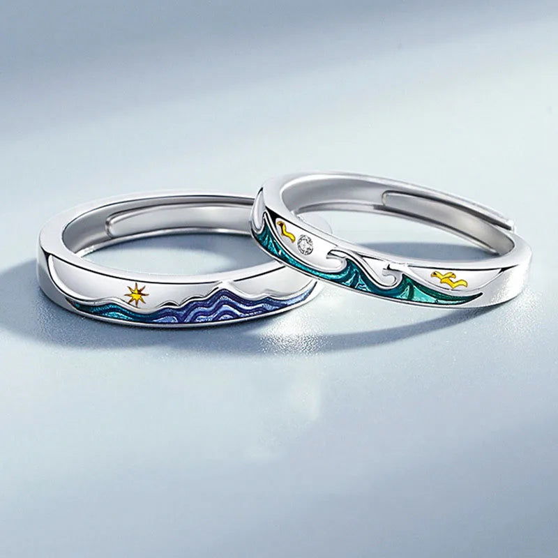 Couple Rings Matching Adjustable Promise Ring Mountain Sea Sun Moon Pattern Engagement Rings for Women Men