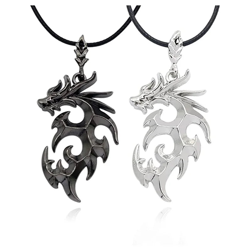 Punk Style Black Leather Goth Dragon Pendant Necklace Trendy Alloy Sweater Chain for Men and Women