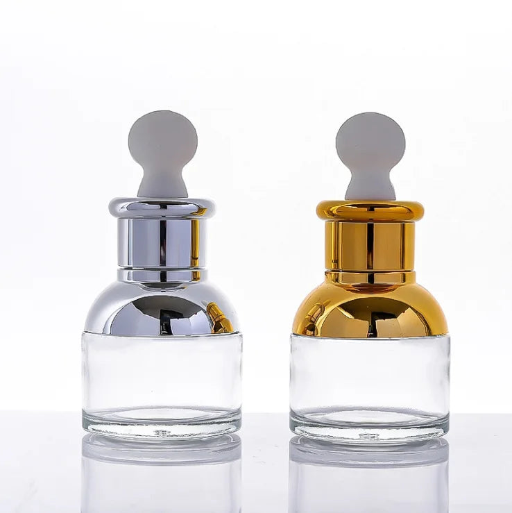 clear Empty 20ml 30ml 50ml Essential Oil Glass Dropper Bottle with Gold Sliver Shoulder Round Rubber for Cosmetic Packaging