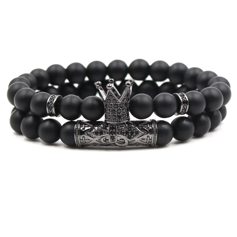 Hot Selling Black Frosted Stone Buddha Bead Bracelets Micro Inset Zircon Crown Set Couple Bracelet
