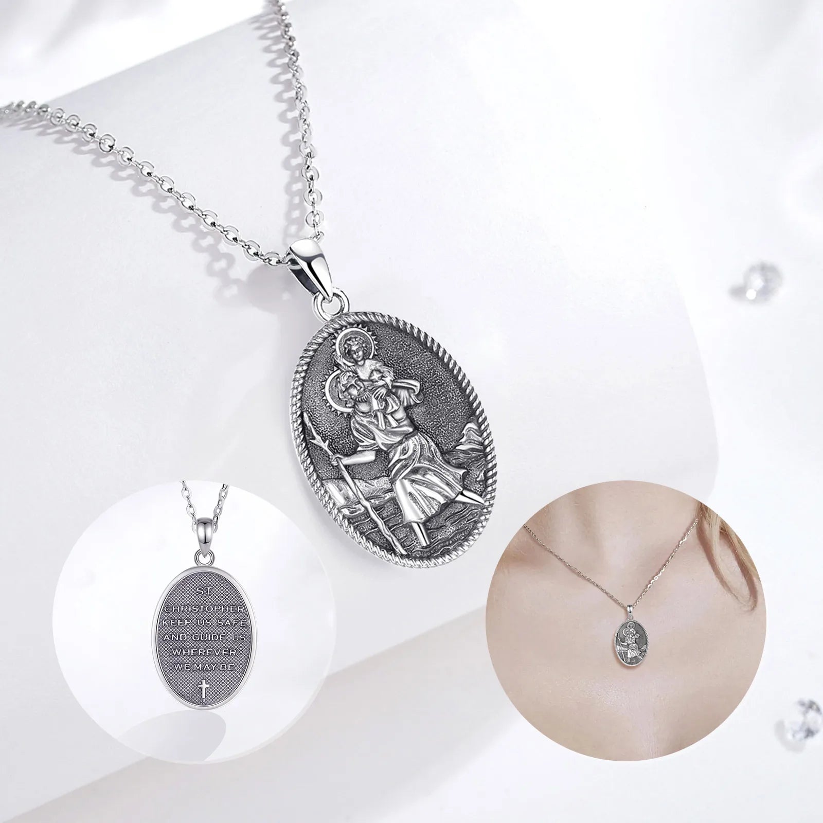 Merryshine 925 Sterling Silver Jewelry Waterproof Surf Religious Men St Saint Christopher Medal Pendant Necklace