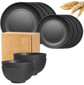 16-Piece Modern Portable Wheat Straw Water Cup Set White & Black Plastic Plate Bowl with Fruit Pattern Stocked Dinnerware Sets