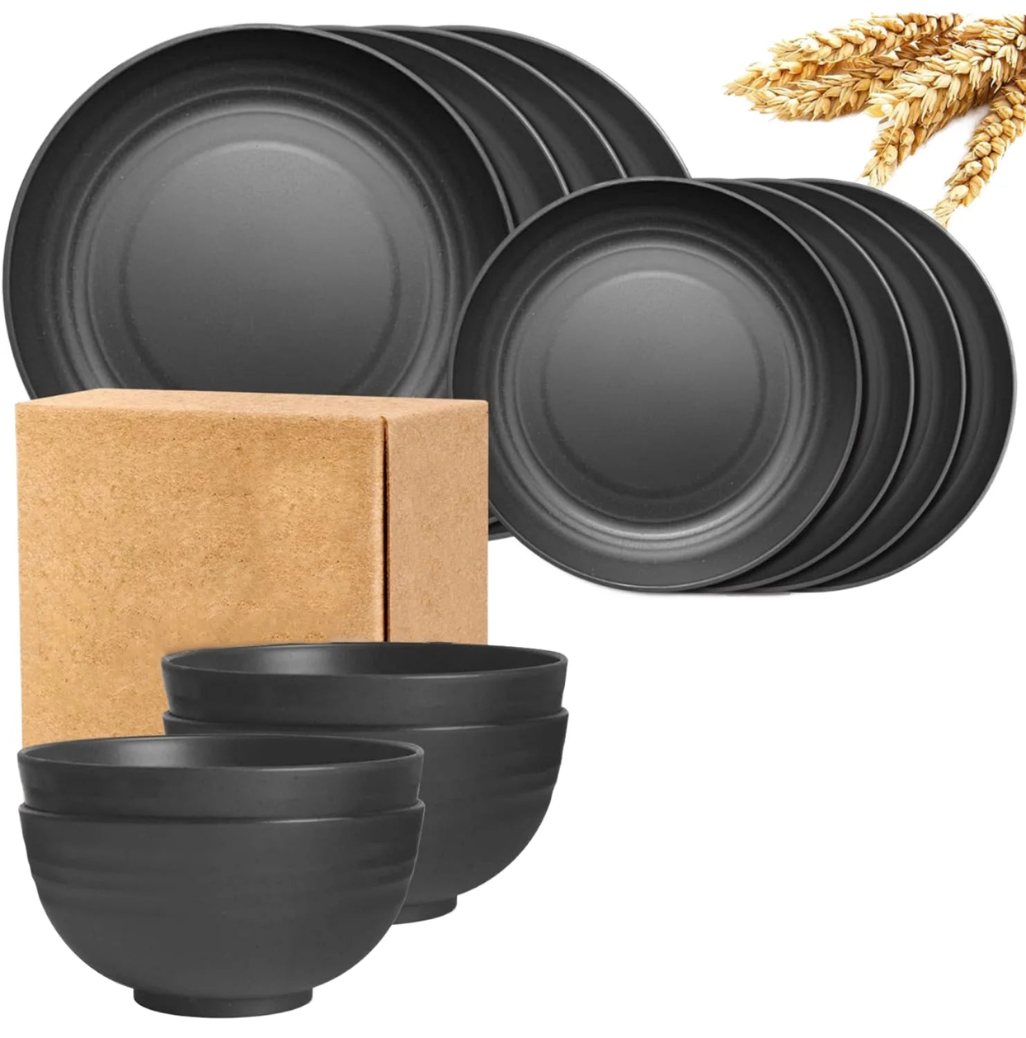 16-Piece Modern Portable Wheat Straw Water Cup Set White & Black Plastic Plate Bowl with Fruit Pattern Stocked Dinnerware Sets