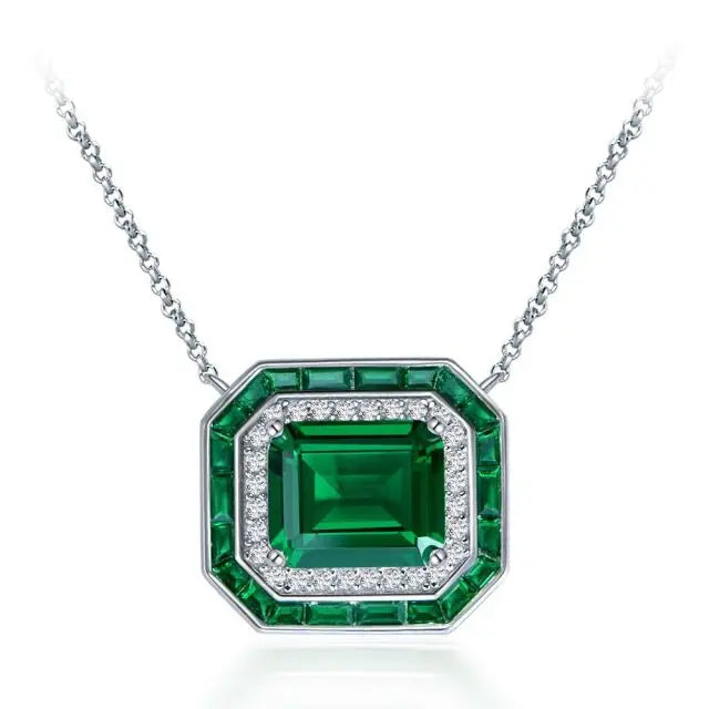 Emerald Rectangle Necklace Green 925 Silver White Gold Plated Rectangle Emerald Necklaces