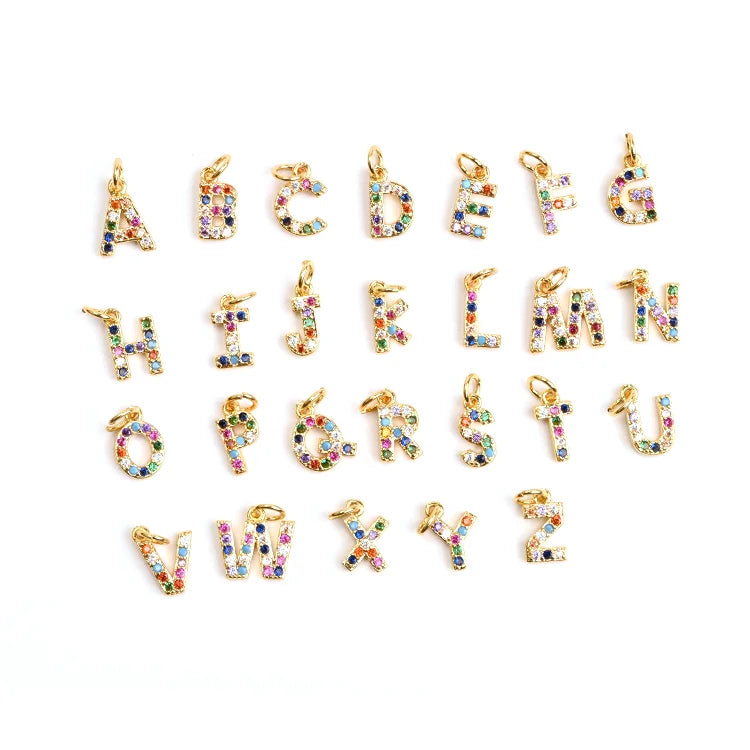 Hot Sale Fashion Copper 14K Gold Plated Gold Charm Zircon Pendant Full Zircon Colorful 26 Letters Necklace Beautiful Pendants