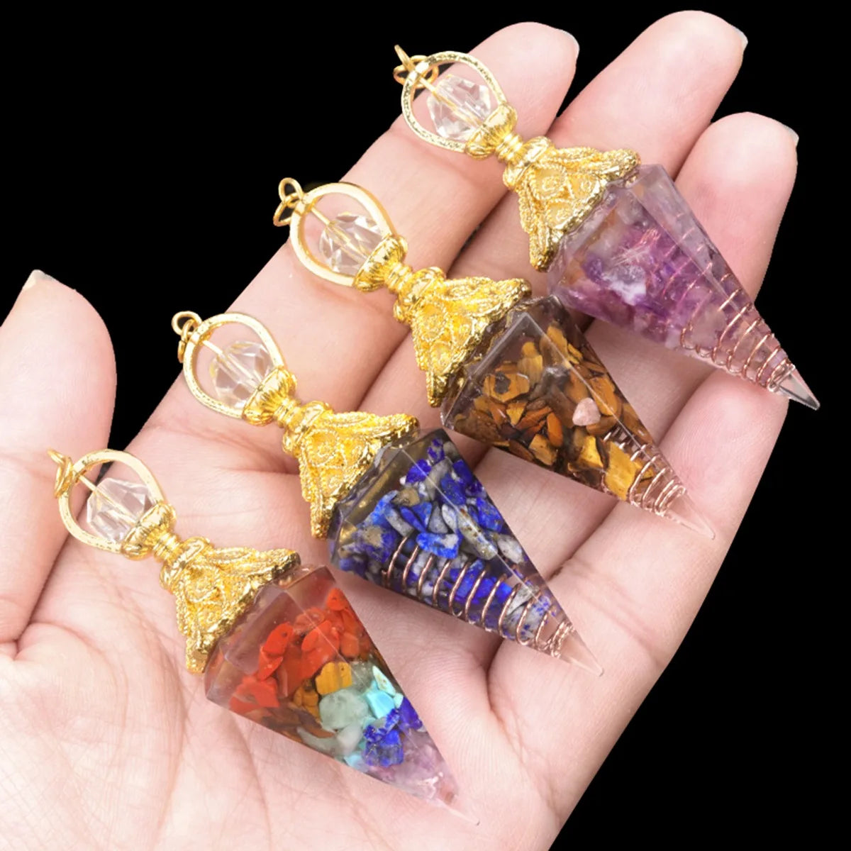 Orgone Crystal Pendulum with Gold Crown Natural Crushed Stone for Divination Healing Witchcraft
