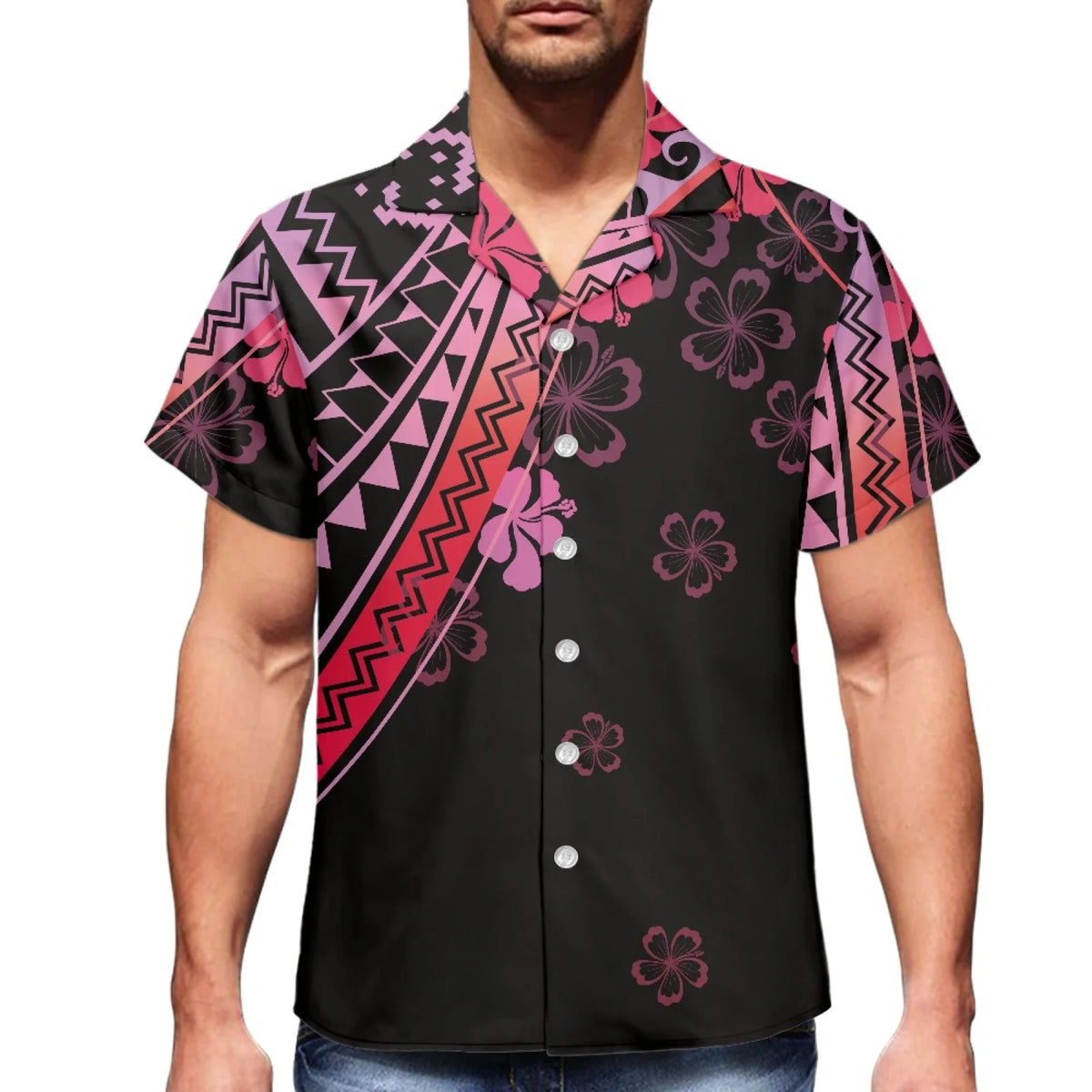 Latest Custom Print Mens Shirt Casual Pink Samoa Polynesian Tribal Print Designer Shirts for Men 2024 Wholesale Oversized Formal MegaBDM