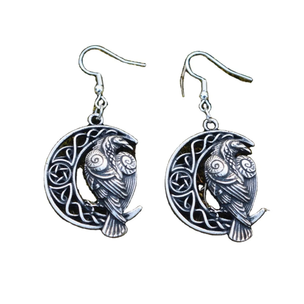Vintage Pentagram Nature Moon Raven Crow Bird Earrings