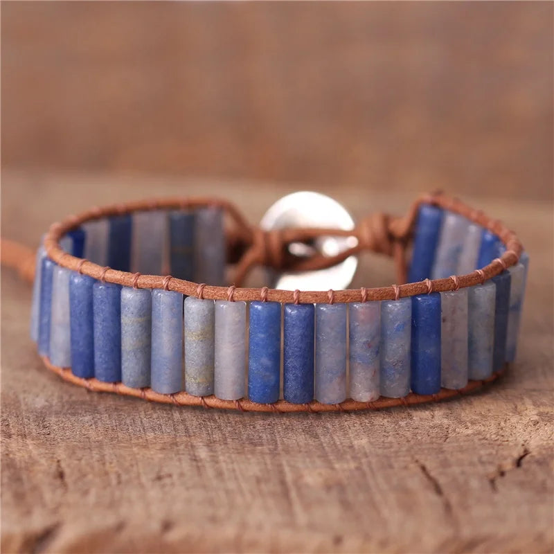 YueTong Natural Stone 4*13mm Blue Aventurine Tube Beads Leather Wrap Bracelet Bohemian Gemstone Cuff Bracelet Jewelry Wholesale
