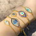 Evil Eyes Charm Bracelet  Rainbow Flat Beads Evil Eyes Glass Beads Bracelet for Women