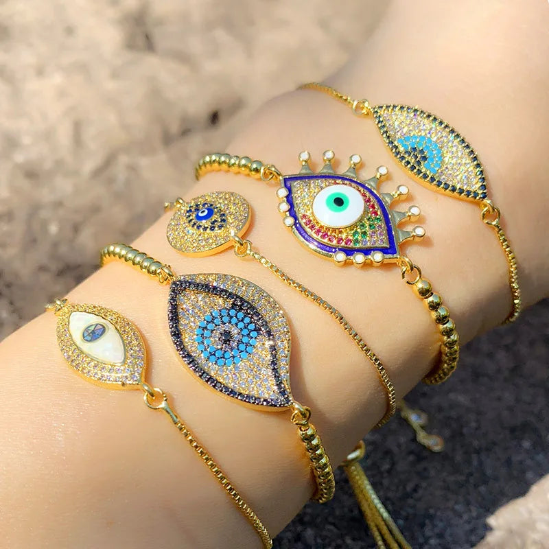 Evil Eyes Charm Bracelet  Rainbow Flat Beads Evil Eyes Glass Beads Bracelet for Women