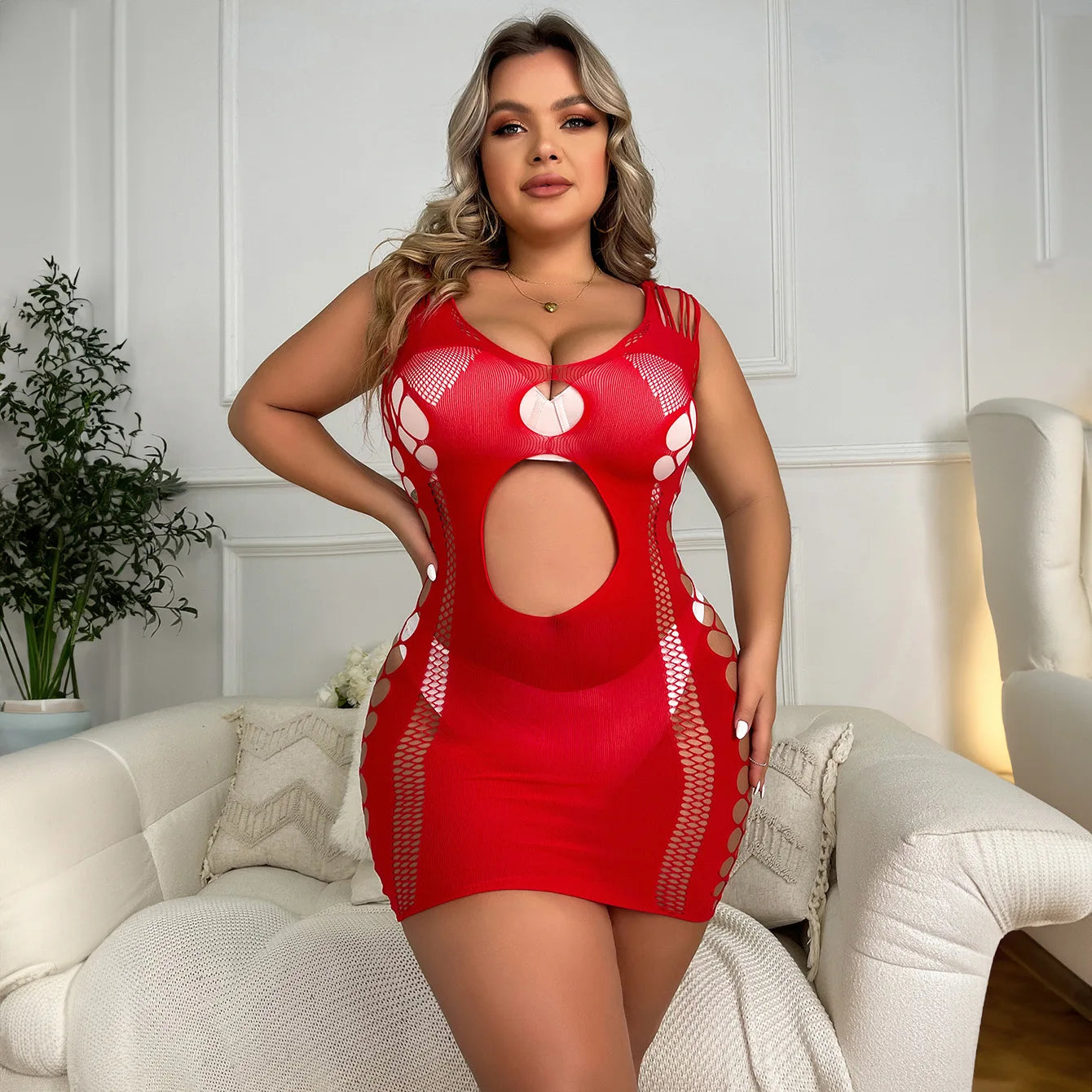 Hollow Out Women Sexy Lingerie Red Mesh Stretchy Mini Dress New Lady Plus Size Lingerie Underwear