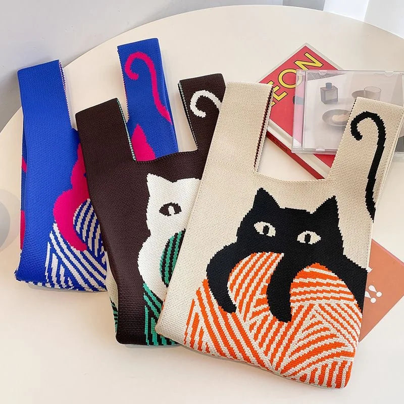 Wholesale Casual Women Knot Wrist Knitted Tote Bags Custom Printing Logo Polyester Recycled Cute Knitted Shopping Handbag