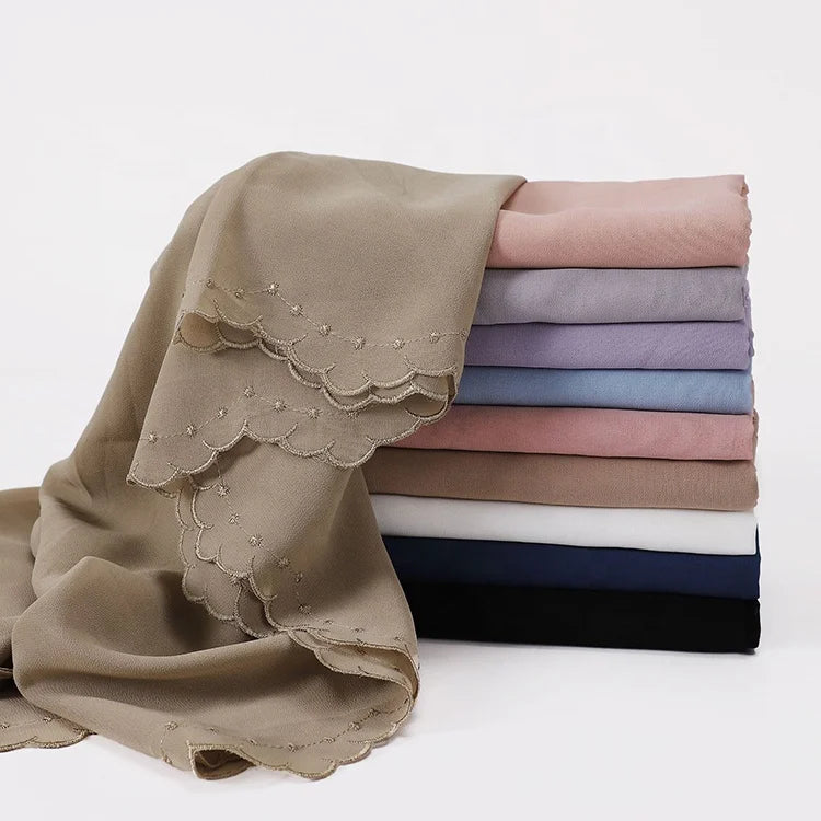 2022 Shawls and Scarves Muslim Fashion Luxury Embroidery Edge Chiffon Georgette Hijab Shawls Hijab Scarves for Women