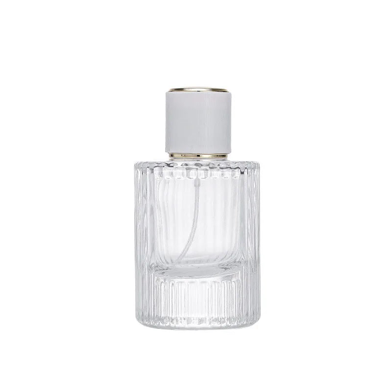 New Design Thick Quality 50ml Crimp Perfume Glass Bottles Vertical Lines Luxury Round Clamp Parfum Glass Bottle