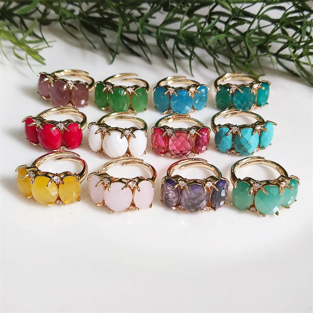 Fashion New Design Healing Quartz Oval Cut Natural Stone Cat Eye Turquoise Gold Plated Women's Ring Jewelry Paved Cubic Zirconia
