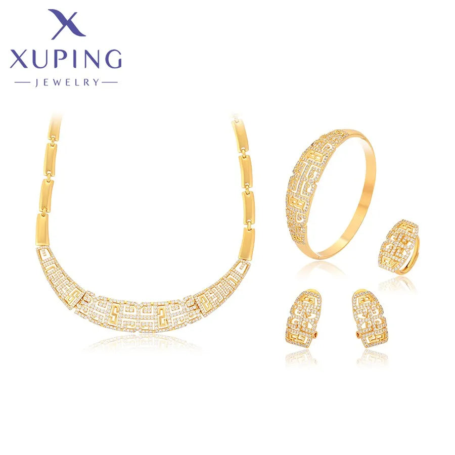 14SET235151 Xuping Jewelry Elegant Exquisite Diamond 24k Gold Diamond Ring Earrings Bracelet Necklace Jewelry Set Ladies Set