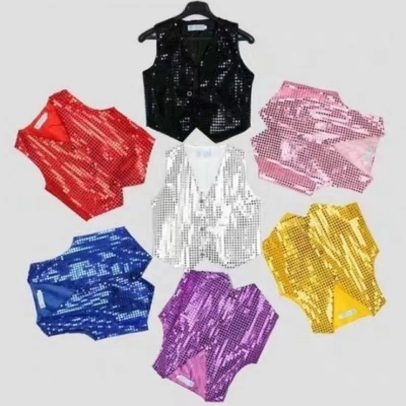 Children Shinny Sequined Suit Vest Stage Performance Party Costume Jazz Hip-hop Dancing Wear Jacket Waistcoat for Boys Girls
