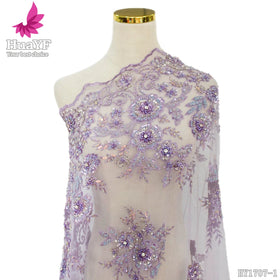 HY1707 Latest French Lilac Bridal Hand Luxury 3d Sequin Beads Flower Lace Fabric Embroidery Tulle Lace